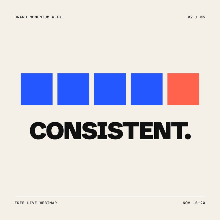 Animated post frame: four blue squares and one orange square above the word Consistent