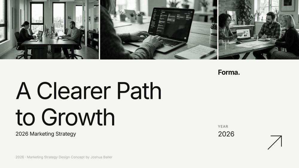 Forma 2026 marketing strategy cover, black and white editorial layout