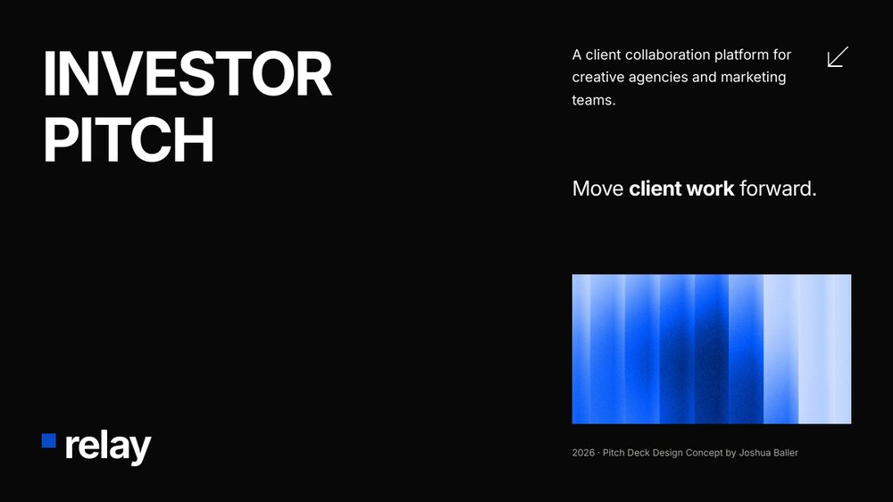Relay investor pitch deck cover, black with a blue gradient panel