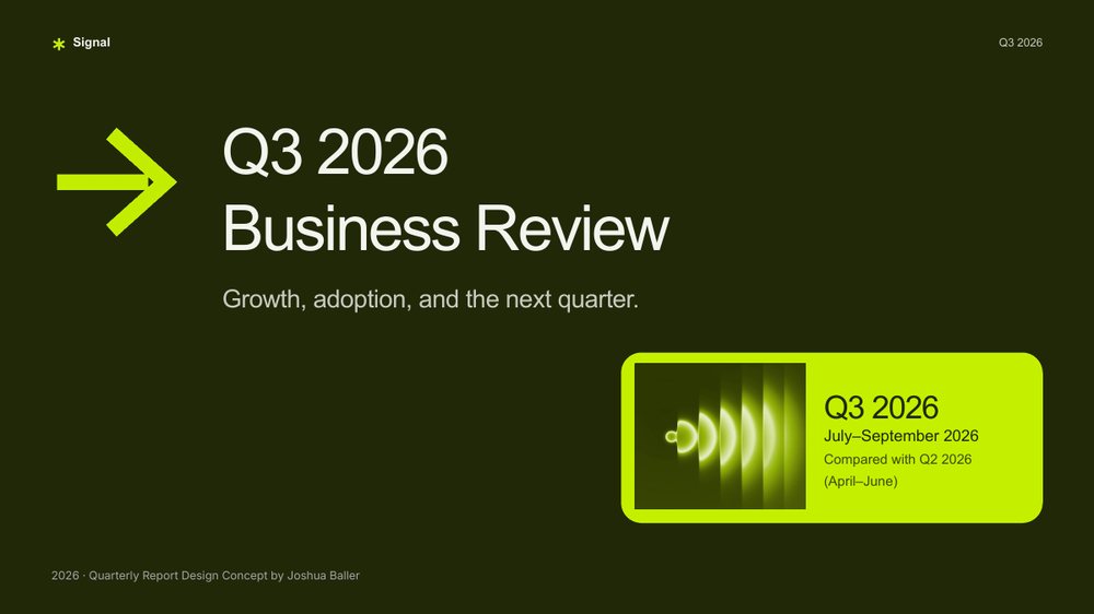 Signal Q3 2026 business review cover, dark green with lime accents